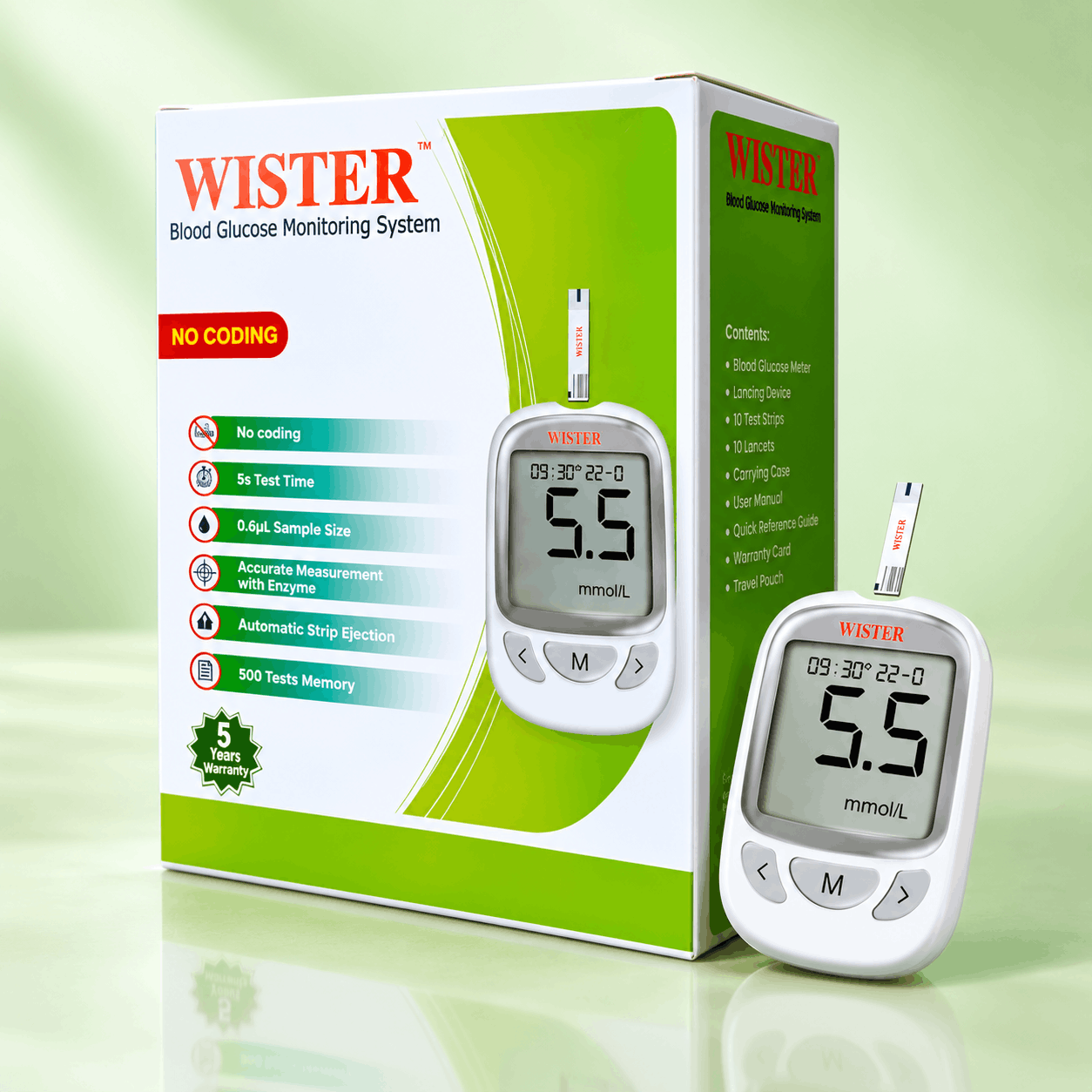 Wister Blood Glucose Monitoring System – No Coding Glucometer with 5-Second Test, 0.6 μL Sample & 500 Memory 2