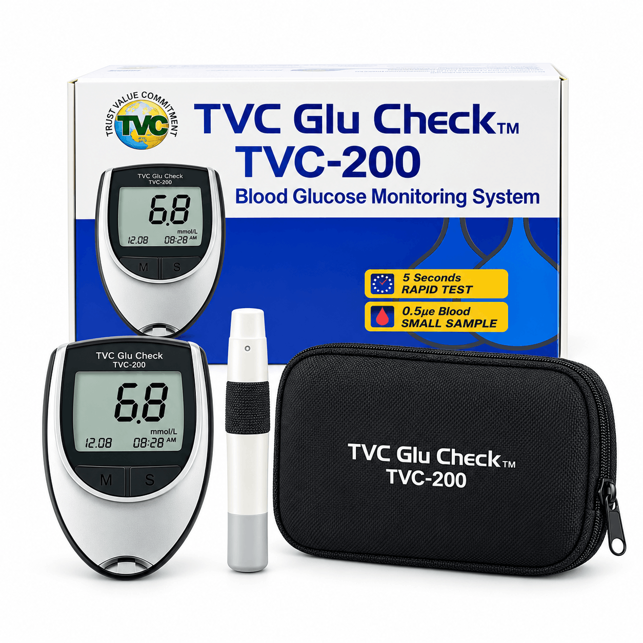 TVC Glu Check TVC-200 Blood Glucose Meter – 5 Second Diabetes Testing Kit with 25 Test Strips & 10 Lancets